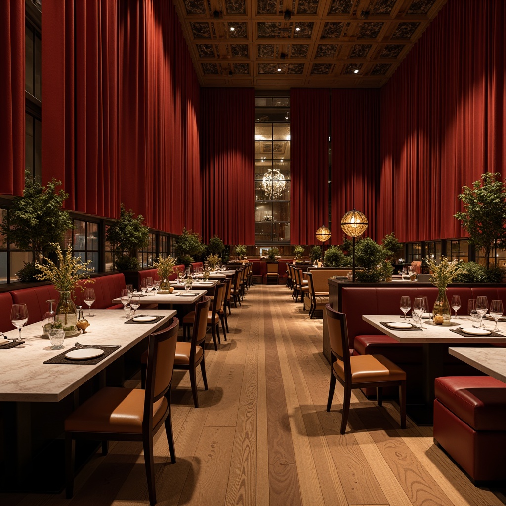 Prompt: Elegant dining hall, luxurious velvet drapes, polished wooden flooring, refined marble tables, comfortable cushioned chairs, soft warm lighting, subtle aromas, fine china tableware, crystal glassware, ornate metal fixtures, rich wood paneling, sophisticated color palette, atmospheric ambiance, 1/1 composition, realistic textures, ambient occlusion.