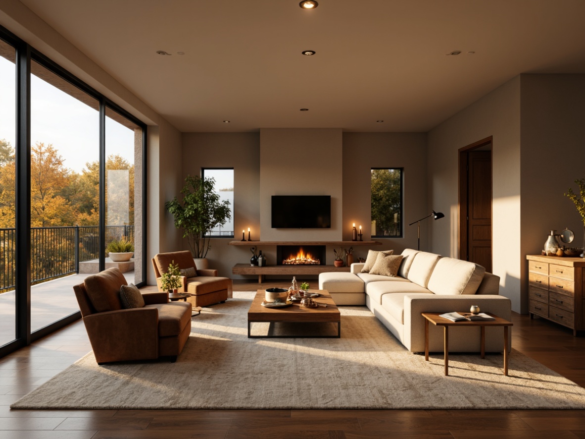 Prompt: Cozy living room, plush sectional sofa, wooden coffee table, velvet armchairs, metallic floor lamps, soft cream carpet, warm beige walls, minimalist decor, natural stone fireplace, crackling fire, autumn evening, golden hour lighting, shallow depth of field, 1/2 composition, realistic textures, ambient occlusion.