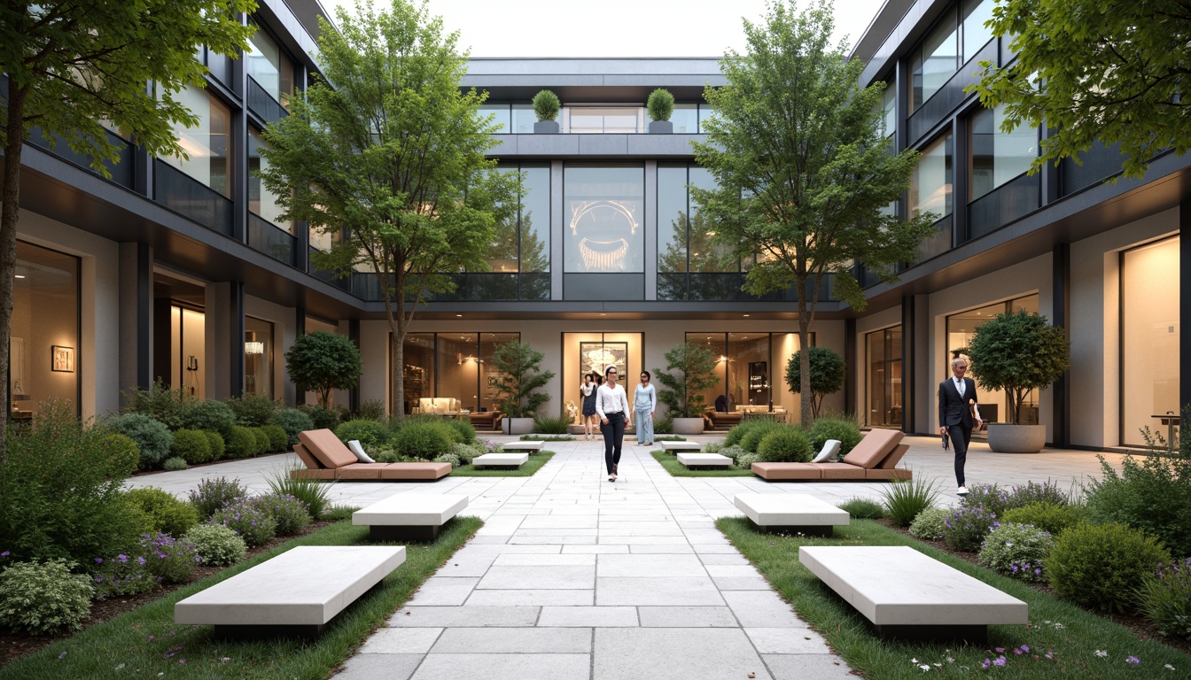 Prompt: Minimalist open plaza, sleek modern benches, lush greenery, natural stone flooring, contemporary sculptures, abstract artwork, geometric patterns, neutral color palette, floor-to-ceiling glass walls, minimalist lighting fixtures, soft warm illumination, shallow depth of field, 3/4 composition, panoramic view, realistic textures, ambient occlusion.