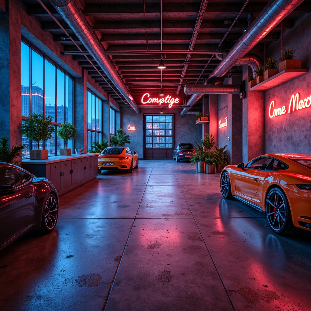 Prompt: Industrial-style garage, exposed ductwork, concrete floors, metal beams, neon signage, bold color scheme, bright accent walls, deep blues, fiery reds, metallic silvers, warm neutrals, modern LED lighting, sleek cabinetry, epoxy resin finishes, urban loft atmosphere, edgy textures, dramatic shadows, low-angle photography, cinematic composition.