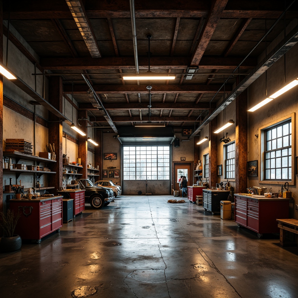 Prompt: Industrial-style garage, metal beams, concrete floors, toolboxes, workbenches, vintage car models, warm lighting, earthy tones, rusty reds, deep blues, weathered wood accents, distressed finishes, urban atmosphere, dramatic shadows, low-key illumination, 1/2 composition, realistic textures, ambient occlusion.