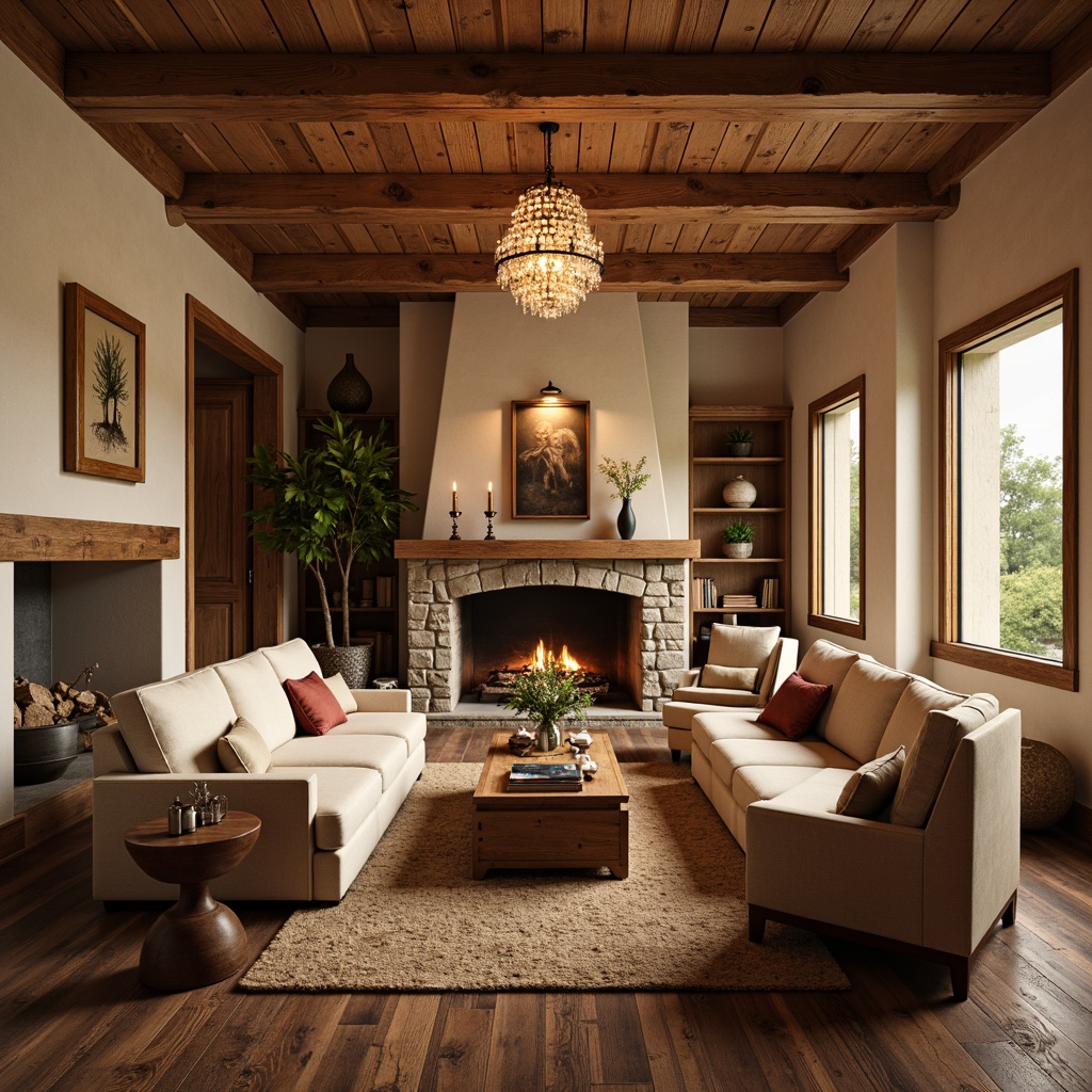 Prompt: Cozy great room, warm earthy tones, rich wood accents, plush furniture, soft cushions, elegant chandeliers, cream-colored walls, rustic stone fireplaces, natural textures, inviting atmosphere, warm golden lighting, 2/3 composition, intimate setting, realistic renderings, ambient occlusion.