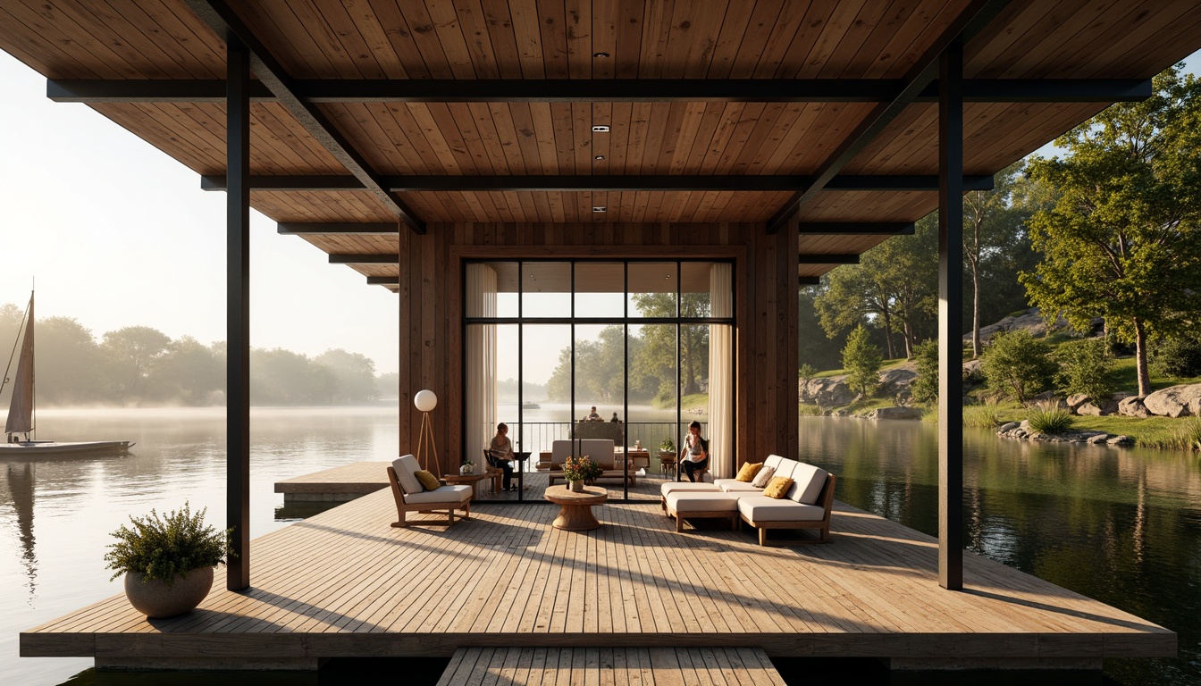 Prompt: Waterfront boathouse, open wooden deck, minimal ornamentation, functional simplicity, industrial metal accents, large windows, sliding glass doors, natural light pouring in, rustic wood textures, nautical ropes, sailing-inspired decorations, serene lake views, surrounding lush greenery, misty morning atmosphere, soft warm lighting, shallow depth of field, 3/4 composition, panoramic view, realistic water reflections, ambient occlusion.