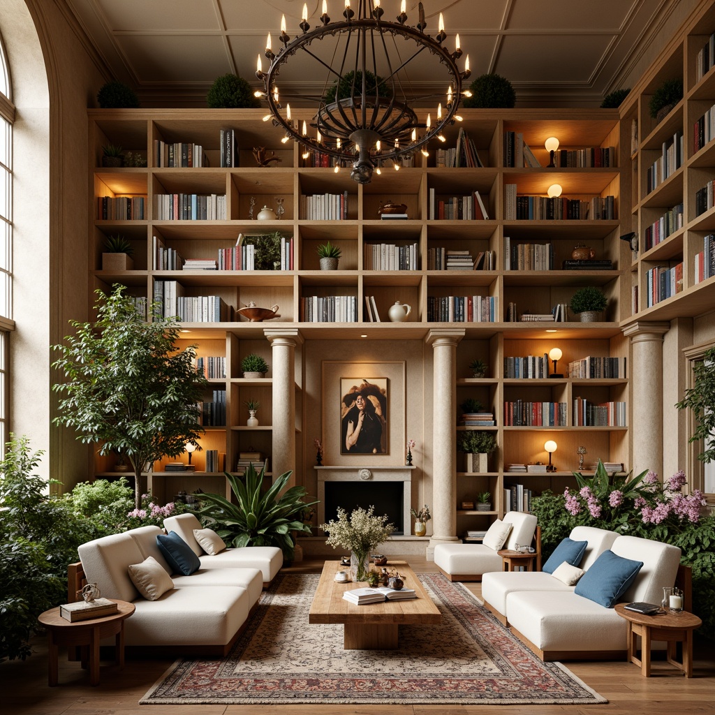 Prompt: Cozy library atmosphere, warm beige walls, rich wooden shelves, comfortable reading nooks, soft cushioned chairs, earthy tone flooring, natural stone columns, elegant chandeliers, subtle ambient lighting, warm golden lighting, calming pastel hues, muted blue accents, soothing greenery, lush plants, vibrant book spines, eclectic decorative objects, ornate metal details, rustic wooden tables, plush area rugs, inviting reading corners, serene architectural design, harmonious color balance, 1/2 composition, soft focus effect.