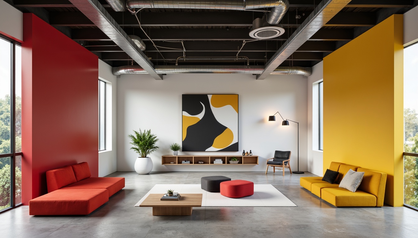 Prompt: Minimalist interior space, bold geometric shapes, primary color palette, industrial materials, exposed ductwork, steel beams, polished concrete floors, functional furniture design, abstract artwork, asymmetrical compositions, fragmented forms, dynamic spatial relationships, warm natural lighting, 1/1 composition, high contrast ratio, clean lines, minimalist decor, functional simplicity, rationalist aesthetic.