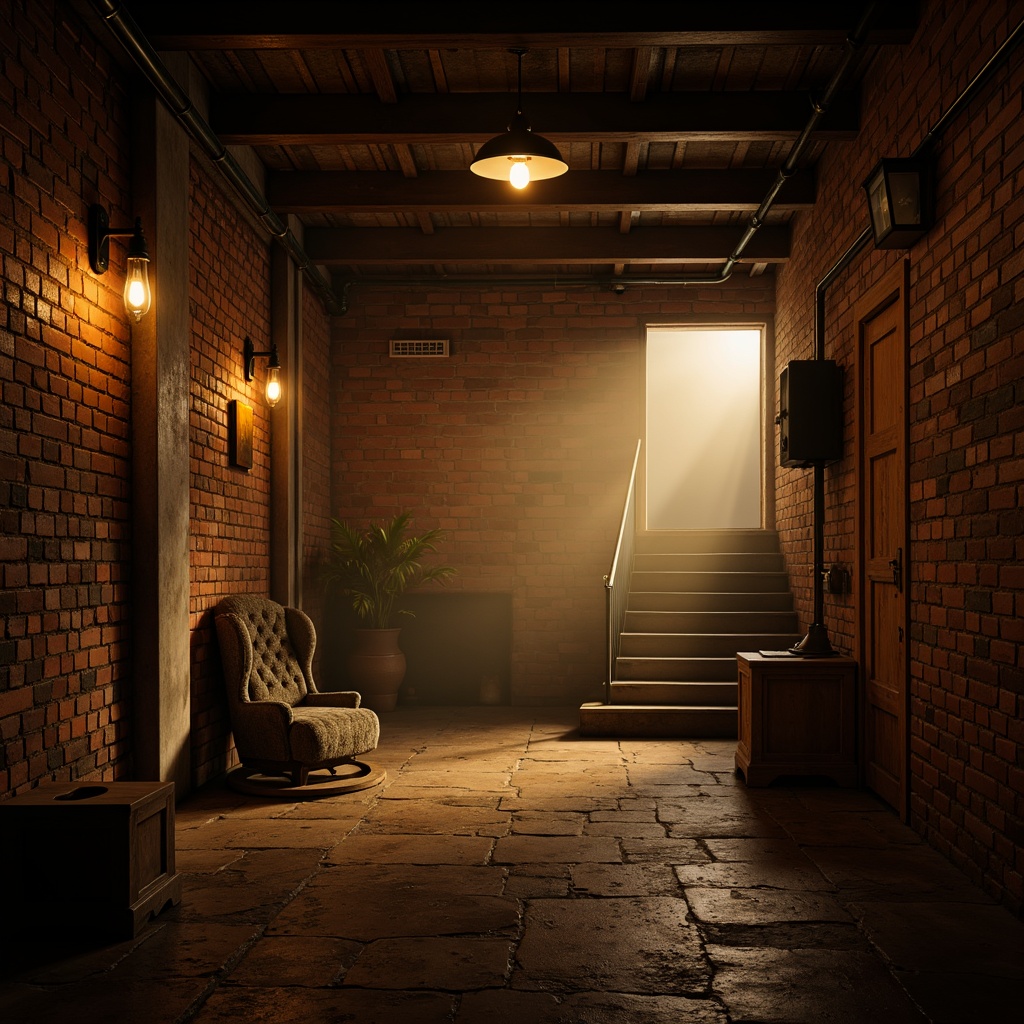 Prompt: Moody basement space, exposed brick walls, industrial metal beams, dimly lit atmosphere, warm golden lighting, eerie shadows, dramatic spotlights, vintage pendant lamps, distressed wooden accents, old stone floors, mysterious corridors, atmospheric fog, low-key color palette, cinematic ambiance, 1/1 composition, high contrast ratio, soft focus blur, realistic textures.