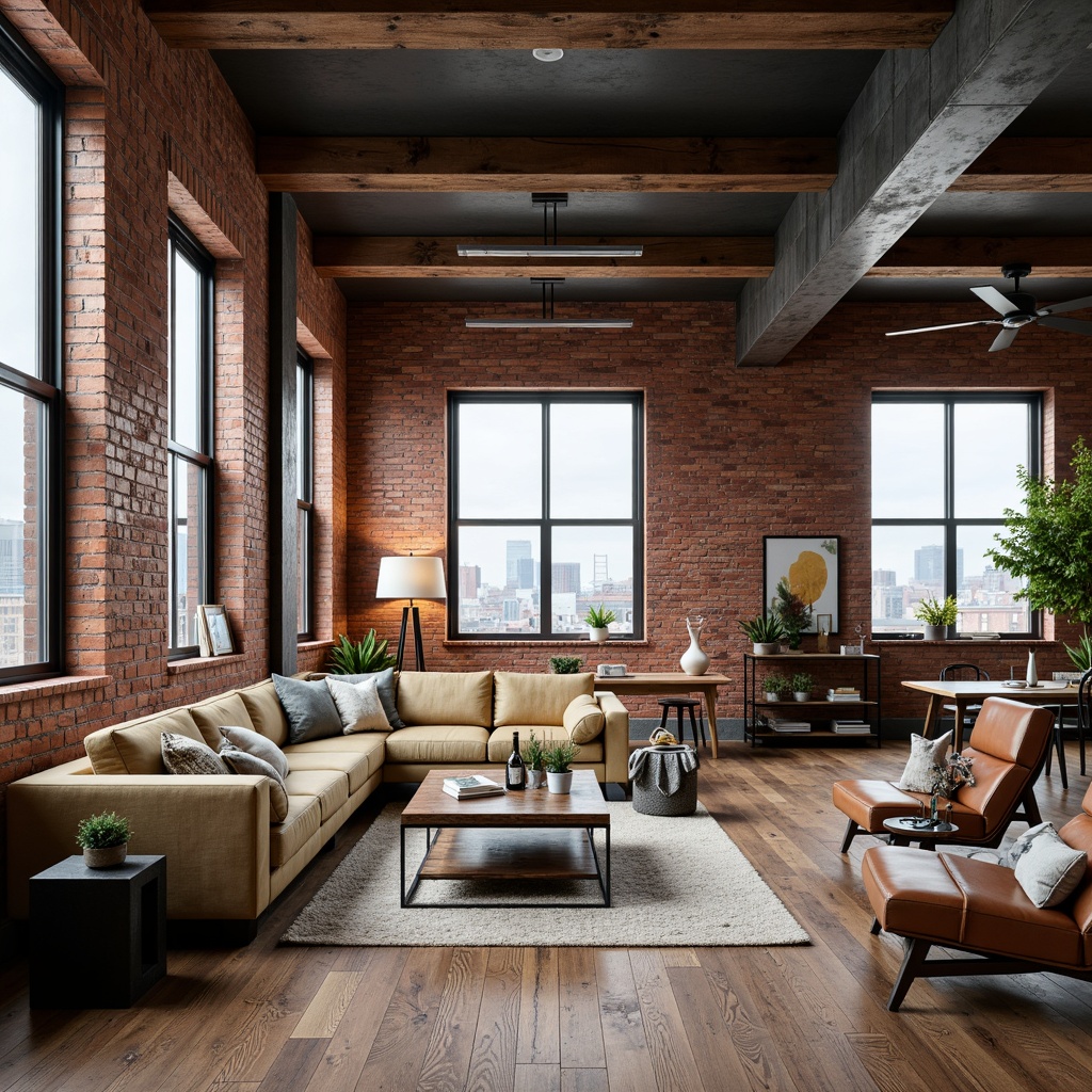 Prompt: Exposed brick walls, industrial chic atmosphere, reclaimed wood accents, metal beam ceilings, vintage decorative lighting, plush sectional sofas, distressed leather armchairs, rustic wooden coffee tables, minimalist metal desks, eclectic art pieces, natural fiber rugs, urban loft vibe, neutral color palette, functional decor, modern industrial fusion, abundant natural light, high ceiling windows, cityscape views, soft warm lighting, shallow depth of field, 2/3 composition, realistic textures, ambient occlusion.