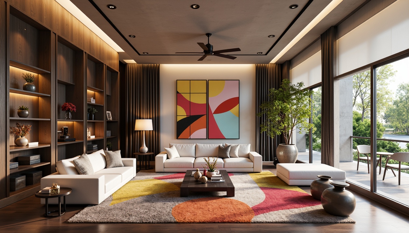 Prompt: Vibrant contemporary interior, bold color blocking, monochromatic accents, pastel hues, metallic finishes, rich wood tones, sleek minimalism, open floor plans, large windows, natural light pouring in, abstract artwork, geometric patterns, statement furniture pieces, luxurious textiles, plush area rugs, ambient soft lighting, warm cozy atmosphere, 1/2 composition, shallow depth of field, realistic reflections.