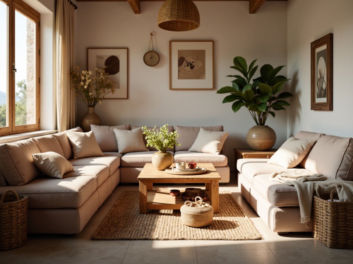 Prompt: Cozy living room, plush velvet sofas, wooden coffee tables, woven baskets, soft pastel colors, gentle curves, natural fabrics, comfortable pillows, rustic wooden accents, warm golden lighting, shallow depth of field, 1/1 composition, intimate atmosphere, realistic textures, ambient occlusion.