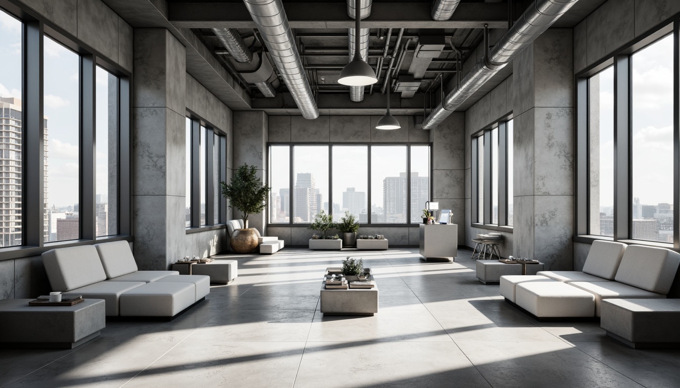 Prompt: Monochromatic clinic interior, brutalist concrete walls, raw exposed ductwork, industrial-style lighting, minimalist decor, sparse furniture arrangement, functional medical equipment, sterile stainless steel surfaces, neutral color palette, natural stone flooring, dramatic high ceilings, abundant natural light, 1/1 composition, harsh shadows, realistic textures, ambient occlusion.