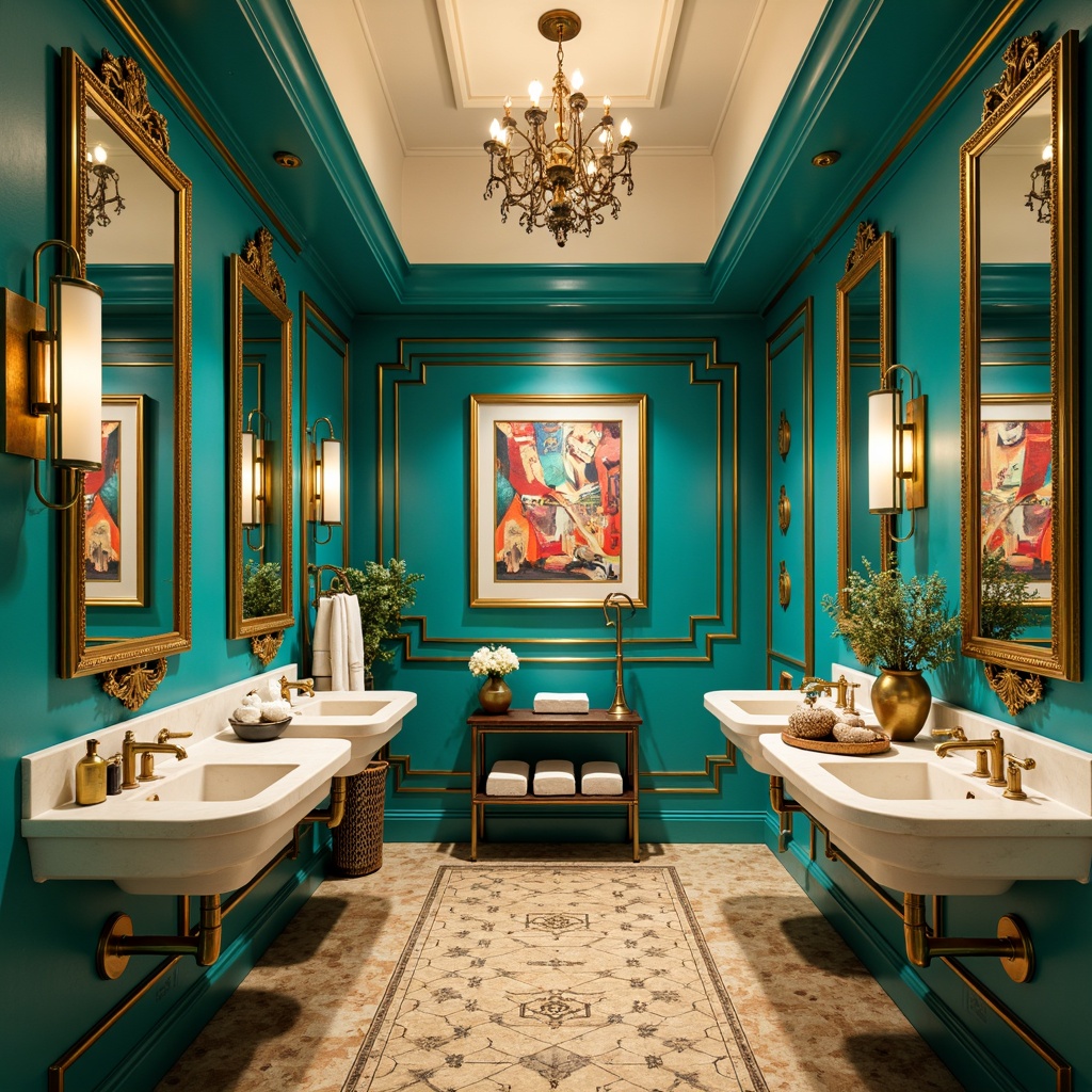 Prompt: Vibrant turquoise walls, rich gold accents, bold black outlines, creamy white countertops, warm beige flooring, ornate mirrors, decorative metallic fixtures, lavish chandeliers, geometric tile patterns, abstract art pieces, eclectic accessories, dramatic lighting contrasts, intense color blocking, avant-garde textures, artistic expressionism style.