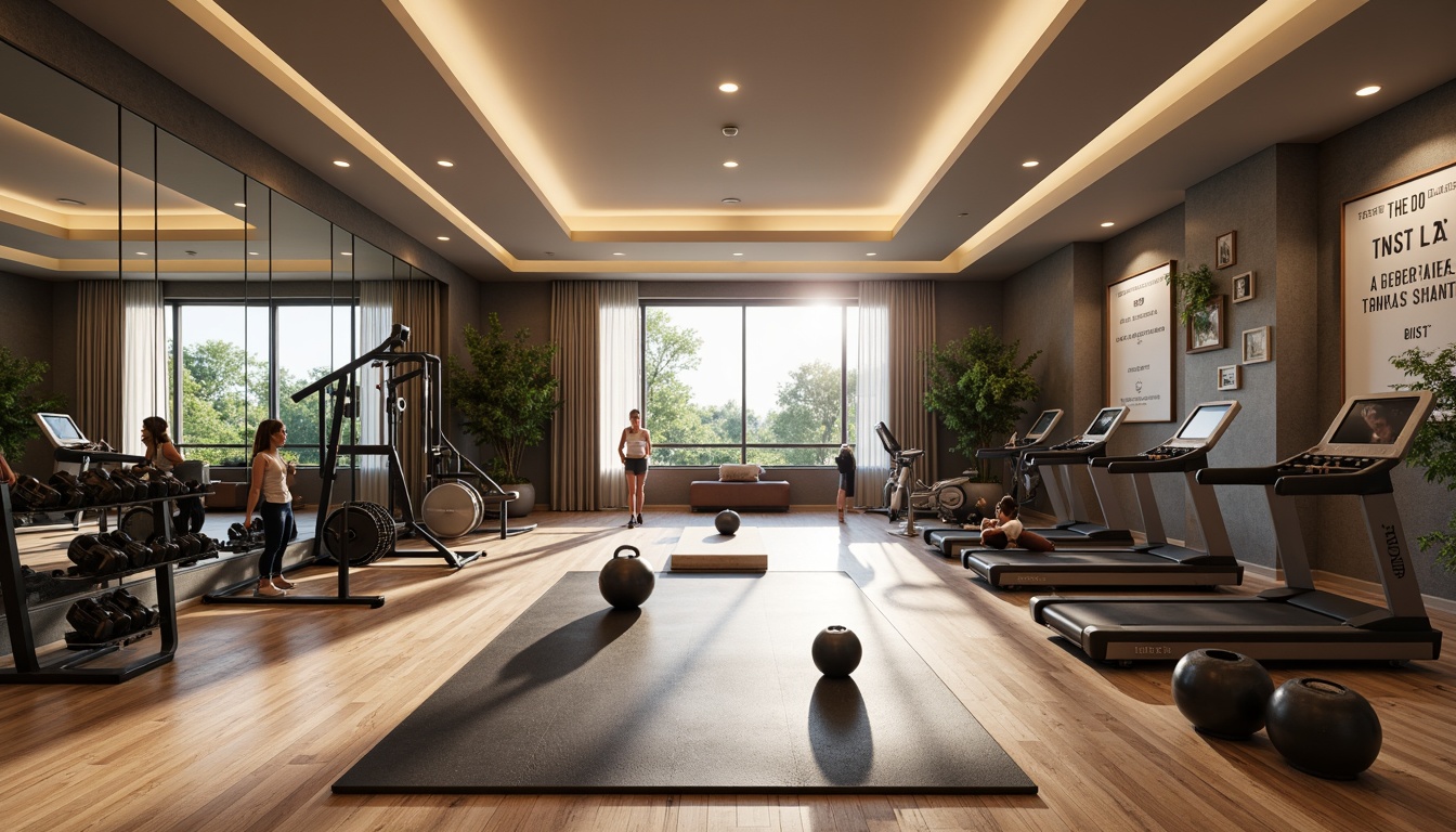 Prompt: Minimalist home gym, wooden flooring, mirrored walls, rubber matting, free weights, kettlebells, dumbbells, weightlifting platforms, exercise benches, adjustable pulleys, cable machines, cardio equipment, treadmills, stationary bikes, elliptical trainers, modern lighting fixtures, high ceilings, large windows, natural daylight, calm atmosphere, soft warm colors, motivational quotes, athletic-inspired artwork, sports-themed decorations, organized storage spaces, water bottle stations, towel racks, Bluetooth speakers, ambient instrumental music, shallow depth of field, 1/1 composition, realistic textures.