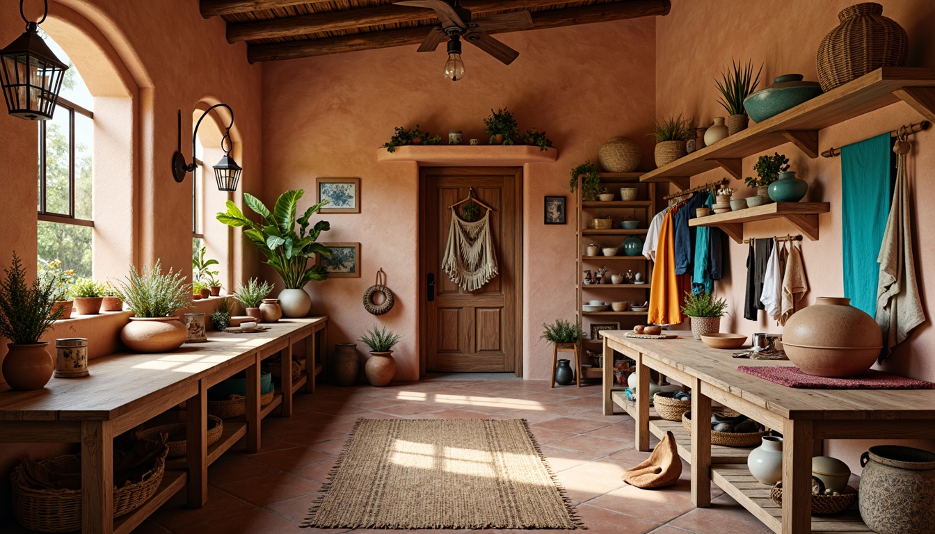 Prompt: Southwestern craft room, warm earthy tones, natural textures, wooden workbenches, woven baskets, terracotta pots, colorful textiles, vibrant turquoise accents, distressed wood finishes, rustic metal hardware, stucco walls, Saltillo tile floors, ceramic decorative tiles, woven rug, pendant lanterns, warm soft lighting, shallow depth of field, 1/1 composition, realistic textures, ambient occlusion.