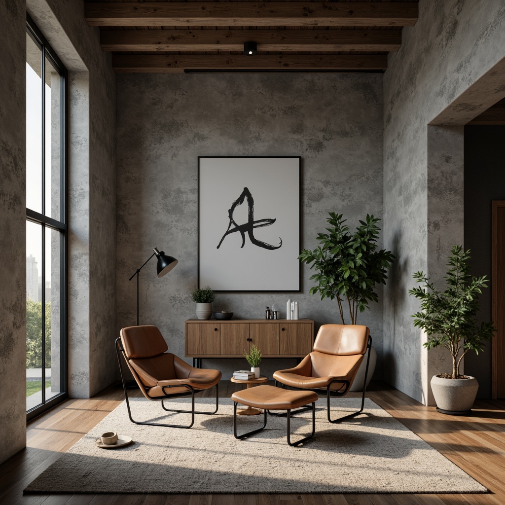 Prompt: Monochromatic color scheme, industrial materials, brutalist concrete walls, steel beams, wooden floors, minimalist decor, geometric shapes, functional furniture, tubular metal chairs, leather upholstery, natural textiles, warm ambient lighting, softbox shadows, 1/1 composition, shallow depth of field, realistic render.