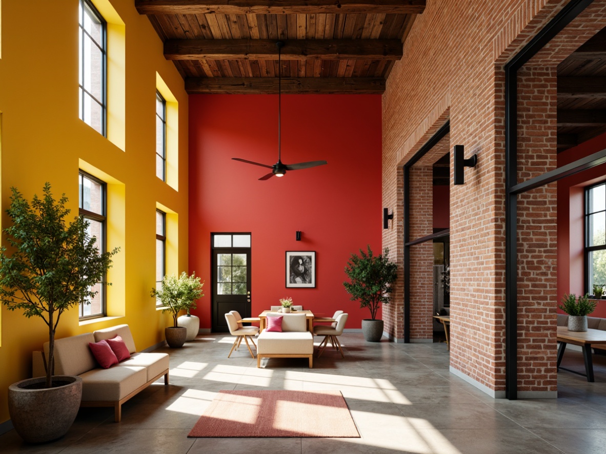 Prompt: Vibrant Bauhaus architecture, primary color schemes, bold geometric shapes, industrial materials, exposed brick walls, metal accents, minimalist decor, functional furniture, urban landscapes, sunny days, high-contrast lighting, shallow depth of field, 2/3 composition, abstract patterns, avant-garde style, artistic textures, dramatic shadows.