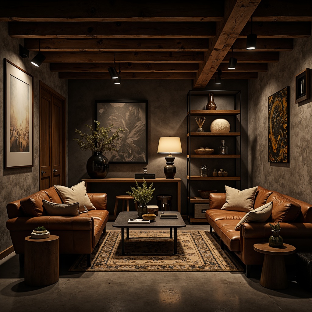 Prompt: Moody basement atmosphere, dim warm lighting, rustic wooden accents, vintage industrial furniture, distressed leather sofas, metal coffee tables, reclaimed wood shelves, eclectic artwork, abstract sculptures, dark rich colors, textured rugs, minimalist decor, statement pieces, oversized lamps, atmospheric shadows, cinematic composition, dramatic focal points.