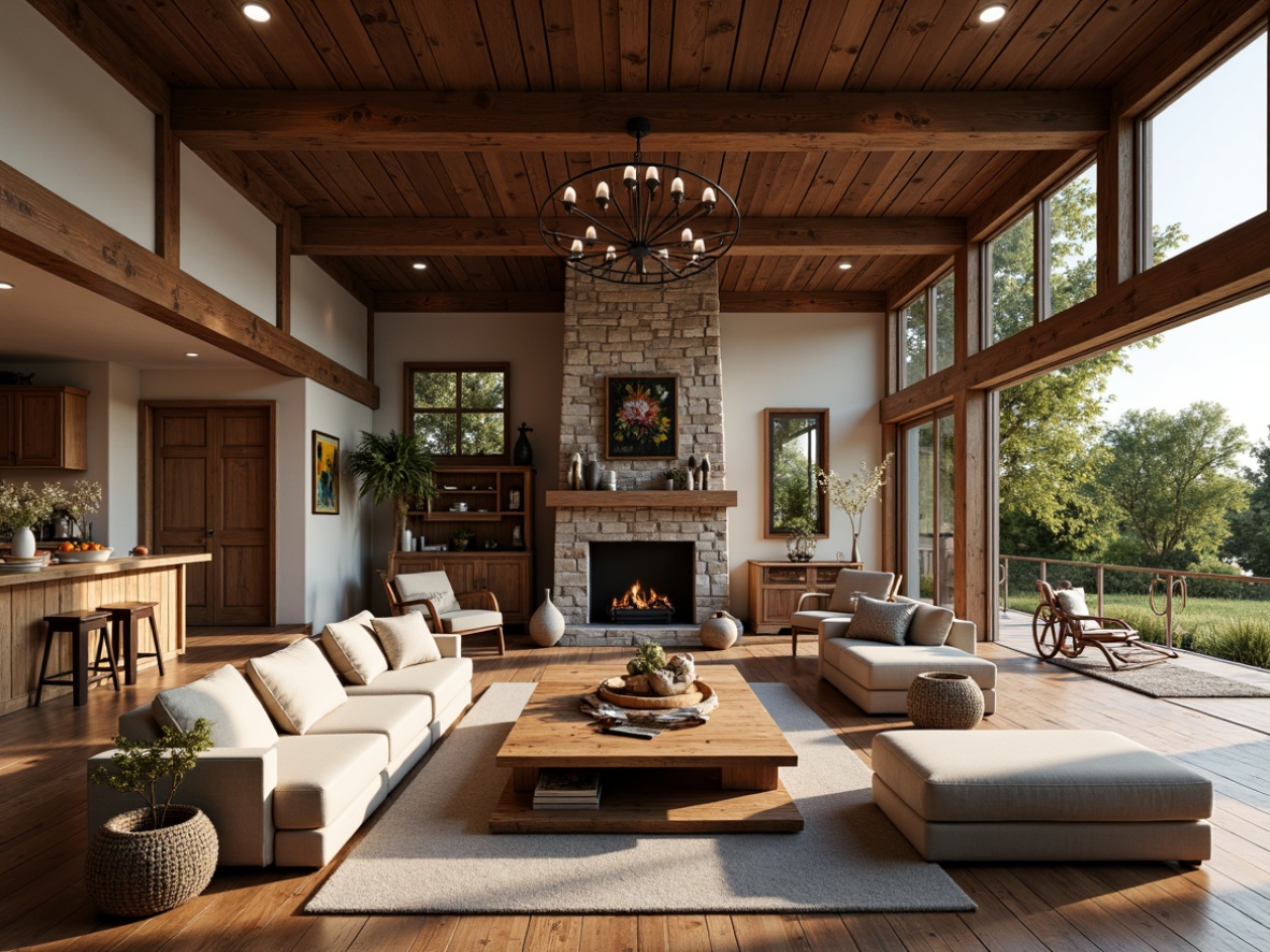 Prompt: Rustic farmhouse, open floor plan, high ceilings, wooden beams, natural stone walls, large windows, sliding glass doors, country-style kitchen, reclaimed wood flooring, vintage decorations, cozy reading nook, plush sectional sofa, rustic metal lighting, warm earthy colors, soft ambient lighting, shallow depth of field, 3/4 composition, panoramic view, realistic textures, ambient occlusion.