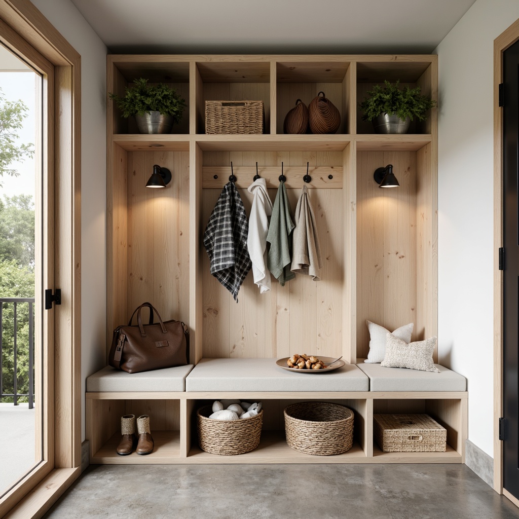 Prompt: Cozy mudroom, natural wood accents, sleek metal hooks, minimalist shelving units, industrial-style lighting fixtures, neutral color palette, earthy tones, woven baskets, storage benches, rustic wooden crates, concrete floors, modern farmhouse vibe, abundant natural light, shallow depth of field, 1/1 composition, realistic textures, ambient occlusion.