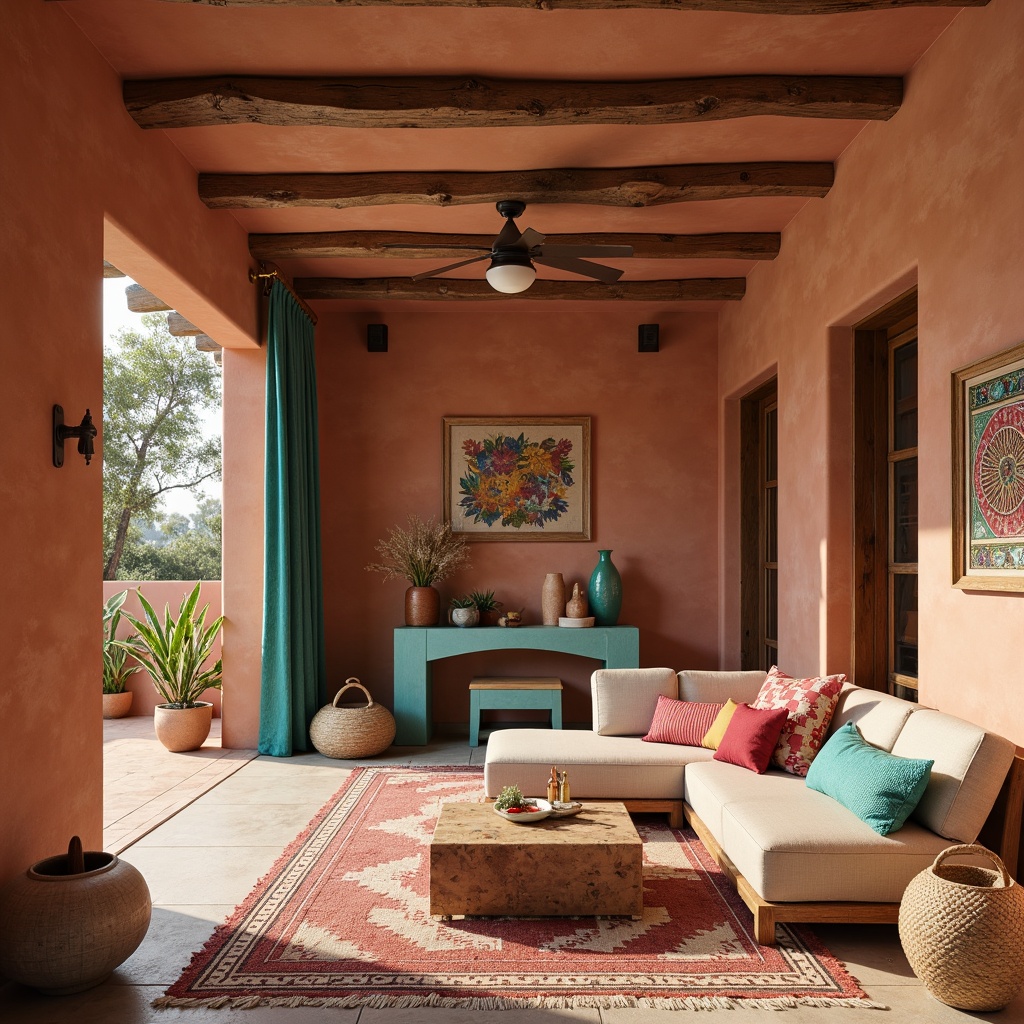 Prompt: Earthy terracotta walls, turquoise accents, sandy beige floors, woven textile patterns, natural wood furniture, vibrant coral pink decorative items, rustic metal hardware, sunny yellow highlights, soft sage greenery, warm adobe red tones, intricate geometric motifs, traditional Native American-inspired designs.Or, alternatively