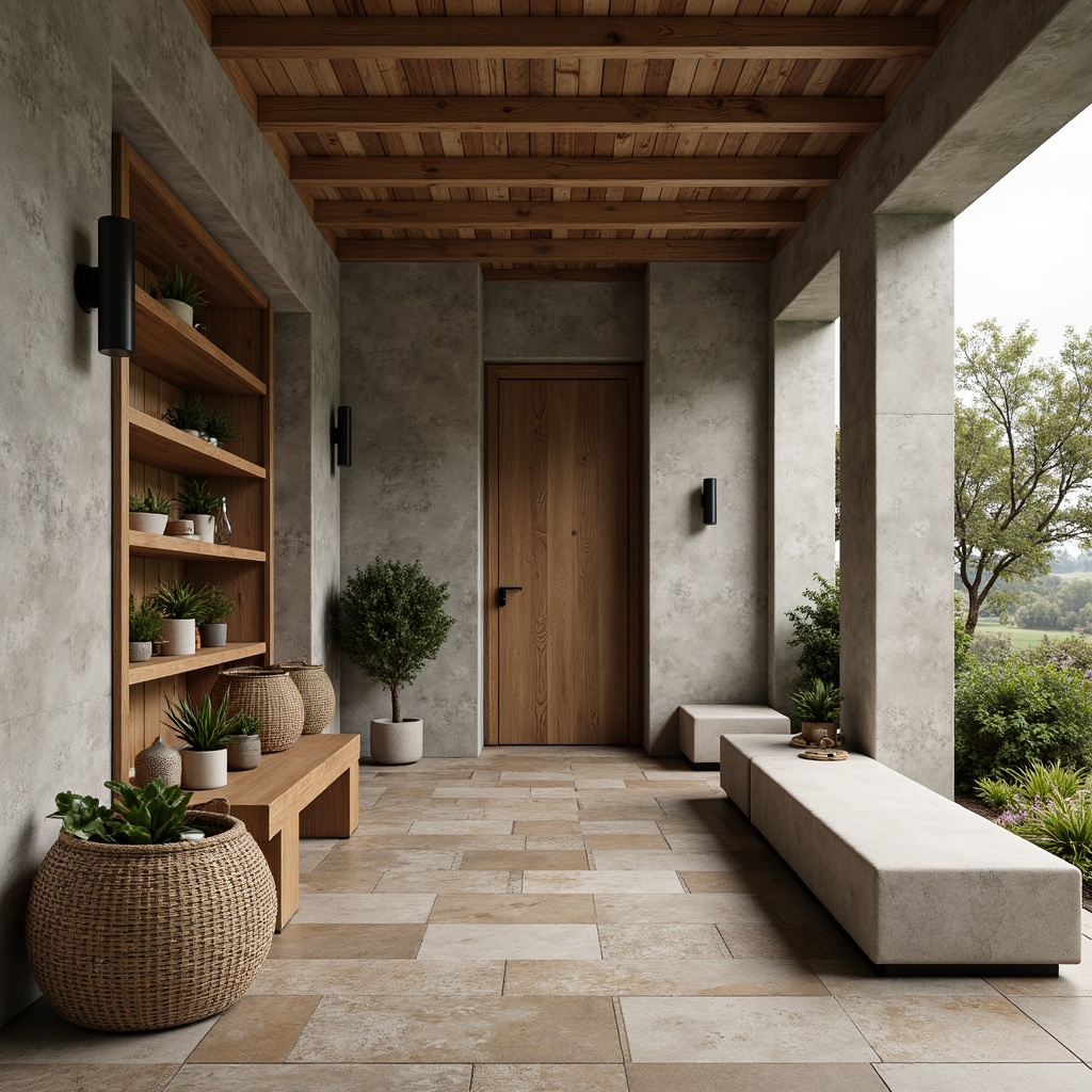 Prompt: Rustic mudroom, natural stone flooring, reclaimed wood accents, exposed concrete walls, brutalist architecture, earthy color palette, raw textures, organic shapes, industrial metal fixtures, minimalist decor, functional shelving, wooden benches, woven baskets, potted plants, soft warm lighting, shallow depth of field, 2/3 composition, realistic materials, ambient occlusion.