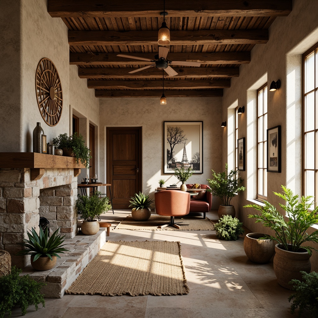 Prompt: Rustic farmhouse, natural materials, reclaimed wood accents, earthy color palette, stone walls, wooden beams, vintage metal decorations, distressed finishes, woven textiles, jute rugs, potted plants, warm soft lighting, cozy atmosphere, shallow depth of field, 1/1 composition, realistic textures, ambient occlusion.