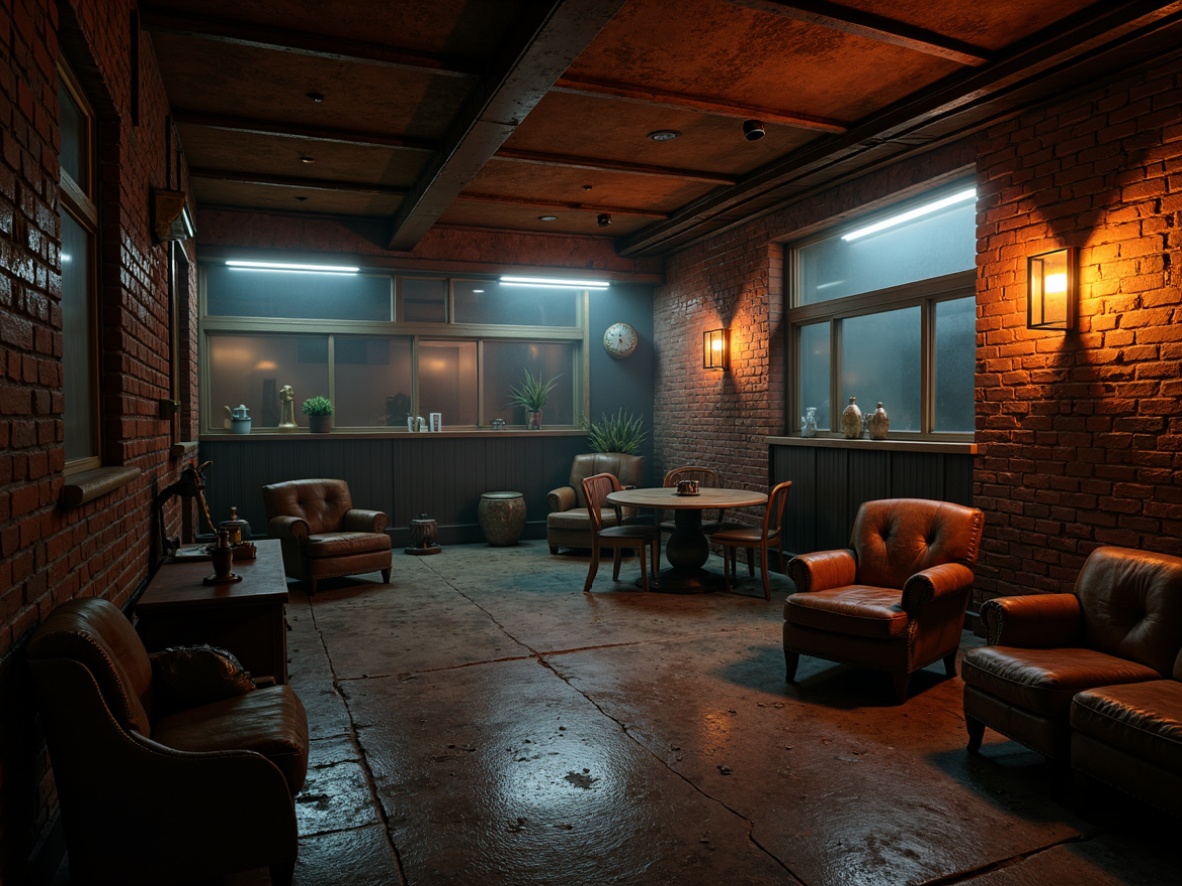 Prompt: Moody basement atmosphere, rich earthy tones, muted rusty reds, deep blues, dimly lit spaces, exposed brick walls, rough concrete floors, industrial metal beams, eerie shadows, mysterious ambiance, vintage furniture, distressed wood accents, worn leather textures, warm golden lighting, cinematic composition, low-key colors, gritty realistic details.