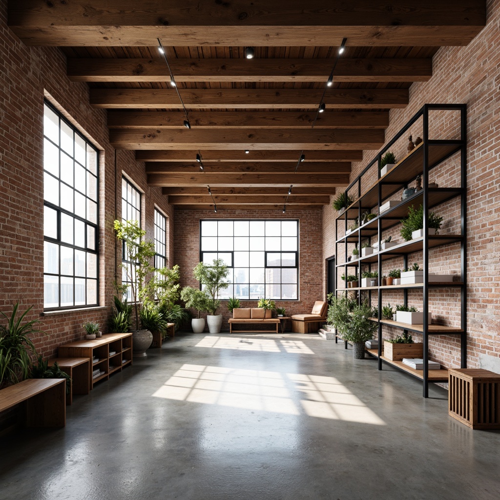 Prompt: Industrial-chic loft, exposed brick walls, wooden ceiling beams, polished concrete floors, open shelving units, metal frames, reclaimed wood accents, minimalist decor, urban modern aesthetic, natural light pouring in, airy atmosphere, 3/4 composition, softbox lighting, realistic textures, ambient occlusion.