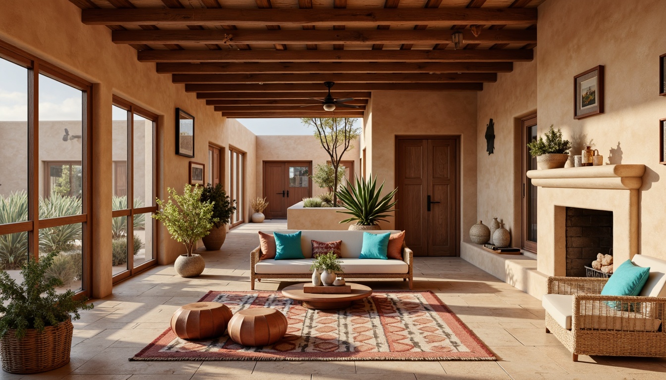 Prompt: Southwestern-inspired interior, warm earthy tones, Saltillo tile flooring, terracotta pottery accents, rustic wooden beams, adobe-style architecture, sandy beige carpeting, woven jute rugs, geometric patterned kilim pillows, vibrant turquoise accessories, desert botanicals, natural stone fireplaces, soft warm lighting, shallow depth of field, 1/2 composition, intimate atmosphere.