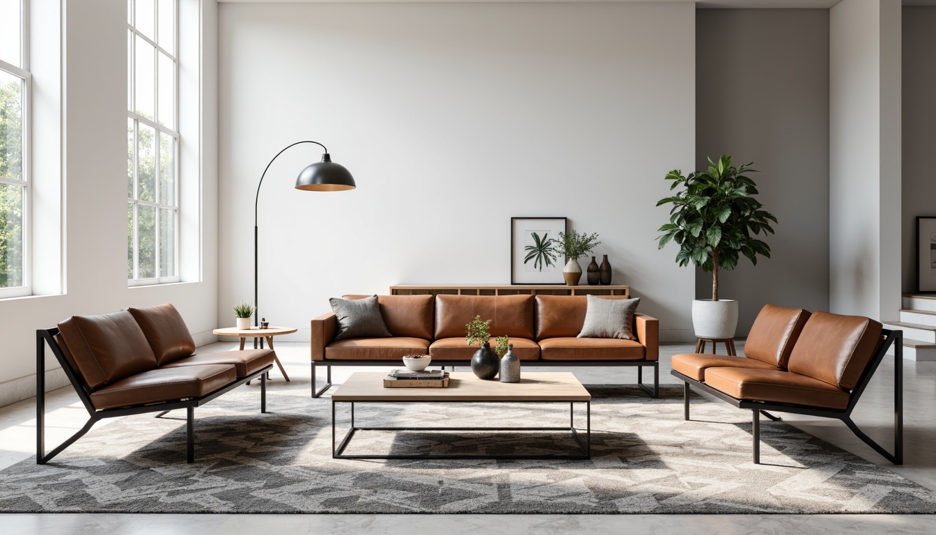 Prompt: Simple, rectangular coffee table, tubular steel legs, leather upholstered armchairs, geometric patterned rugs, industrial-style lamps, minimalist decorative accents, monochromatic color scheme, functional simplicity, clean lines, rectangular shapes, open floor plan, natural light pouring in, 1/1 composition, softbox lighting, subtle textures, ambient occlusion.