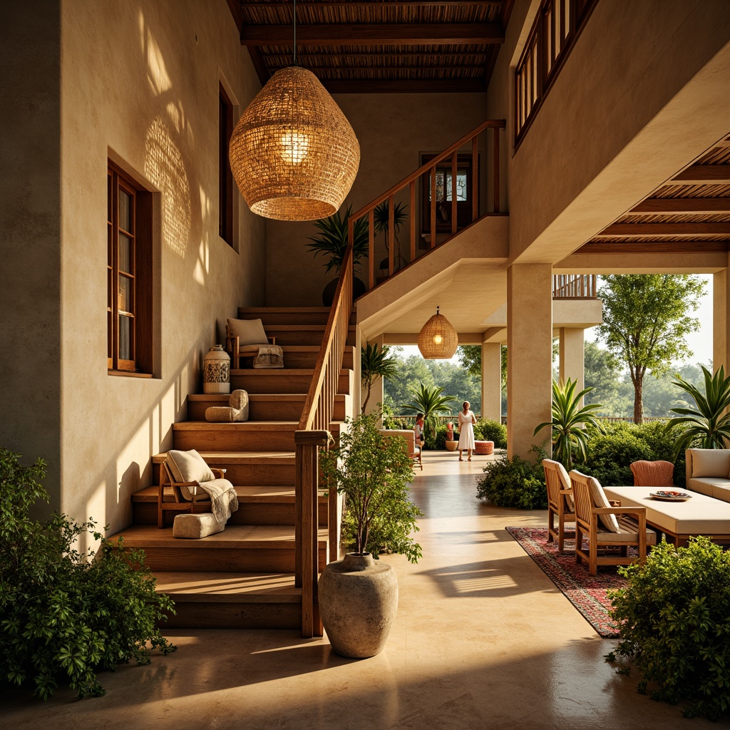 Prompt: \Tropical staircase, warm golden lighting, soft glow, pendant lamps, natural rattan shades, woven fiber textures, wooden handrails, carved decorative elements, lush greenery, potted plants, exotic flowers, warm beige stone walls, polished wood floors, open-plan living area, high ceiling, airy atmosphere, subtle color palette, ambient indirect lighting, 1/2 composition, realistic reflections, warm sunny day.\Please let me know if this meets your requirements or if you need any adjustments!