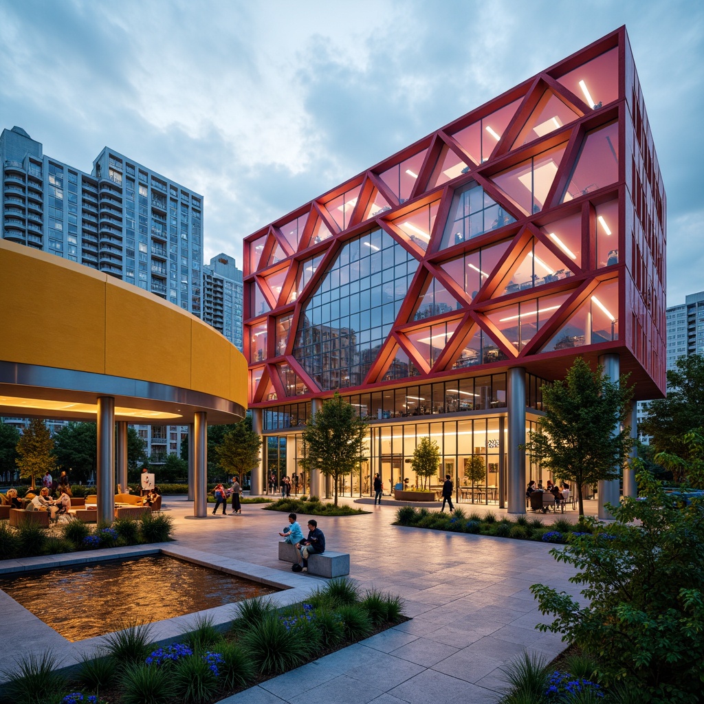 Prompt: Vibrant modern architecture, bold geometric patterns, triangular roofs, circular columns, hexagonal tiles, metallic accents, sleek glass facades, minimalist decor, urban cityscape, cloudy sky, warm ambient lighting, shallow depth of field, 1/1 composition, realistic textures, ambient occlusion.