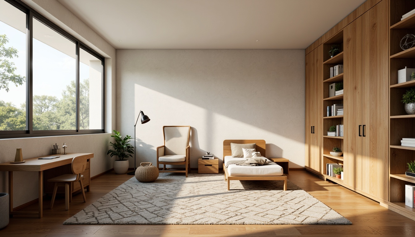 Prompt: Minimalist dorm room, mid-century modern furniture, sleek wooden desk, ergonomic chair, plush area rug, geometric patterned bedding, natural wood accents, ample storage cabinets, floor-to-ceiling windows, abundant daylight, soft warm lighting, 1/1 composition, shallow depth of field, realistic textures, ambient occlusion.