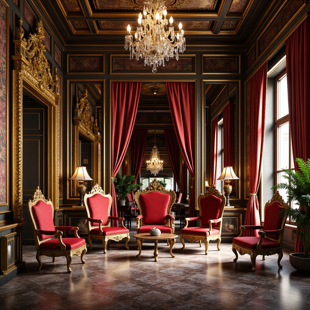 Prompt: Ornate throne chairs, gilded wooden frames, velvet upholstery, intricate carvings, ornamental mirrors, crystal chandeliers, marble floors, luxurious drapes, heavy tapestries, golden accents, regal colors, lavish textiles, grandiose scale, dramatic lighting, high-contrast shading, detailed ornaments, 1/1 composition, symmetrical arrangement, Renaissance-inspired motifs.