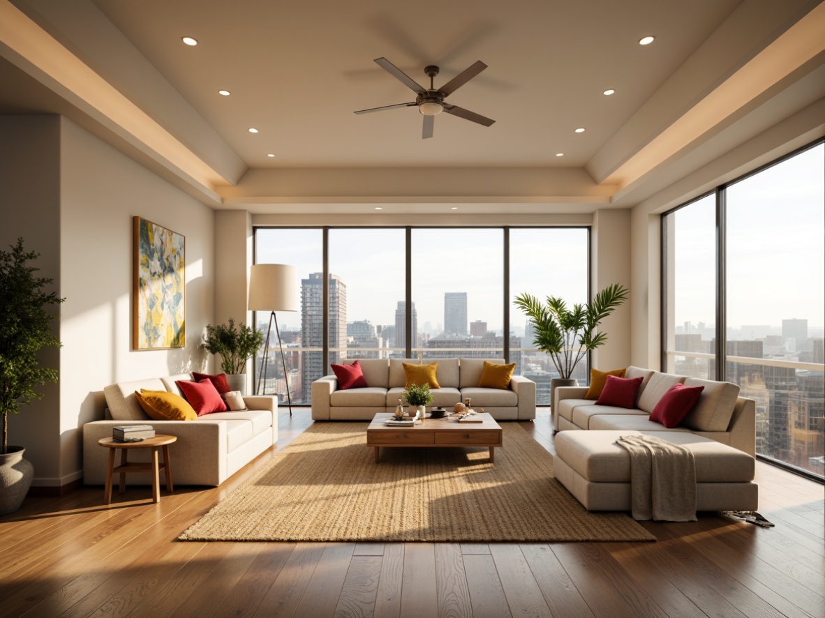 Prompt: Modern living room, sleek ceiling lights, warm ambient glow, floor lamps, table lamps, soft shade diffusers, creamy white walls, polished wooden floors, plush sectional sofas, vibrant colorful throw pillows, natural fiber rugs, large windows, cityscape views, sunny afternoon, gentle warm lighting, shallow depth of field, 1/1 composition, realistic textures, ambient occlusion.