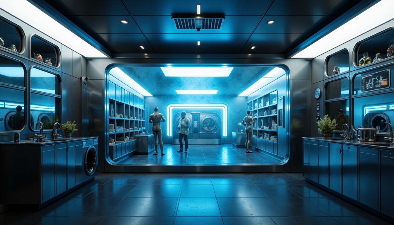 Prompt: Futuristic laundry room, metallic surfaces, neon-lit ambiance, sleek machines, rounded edges, glass doors, stainless steel countertops, LED lighting, minimalist decor, high-tech appliances, robotic arms, automated systems, futuristic sound effects, misty atmosphere, soft blue lighting, shallow depth of field, 1/1 composition, realistic reflections, ambient occlusion.