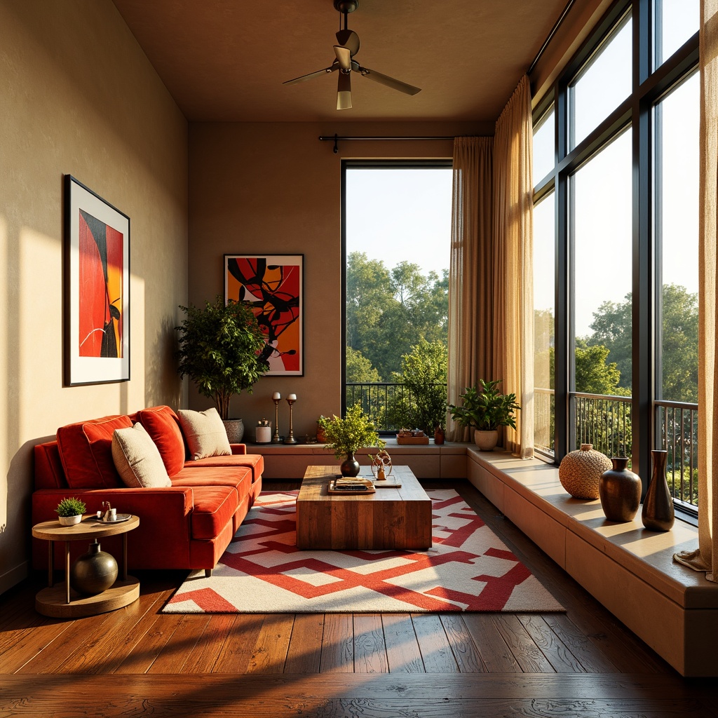 Prompt: Vibrant living room, bold color scheme, warm golden lighting, plush velvet sofa, rich wood accents, geometric patterned rug, modern abstract artwork, eclectic decorative vases, lush greenery, natural stone walls, cozy reading nook, floor-to-ceiling windows, sheer curtains, 1/1 composition, realistic textures, ambient occlusion.