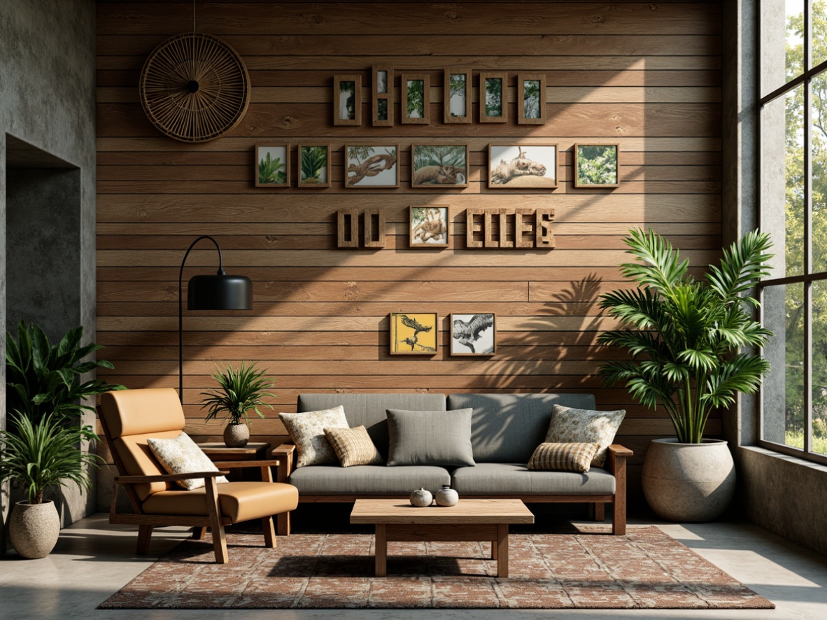 Prompt: Wildlife-themed wall murals, rustic wooden planks, vintage metal signs, distressed concrete finishes, earthy color palette, jungle-inspired foliage patterns, exotic animal prints, natural stone textures, woven bamboo accents, tropical leaf motifs, sunny warm lighting, shallow depth of field, 3/4 composition, panoramic view, realistic textures, ambient occlusion.