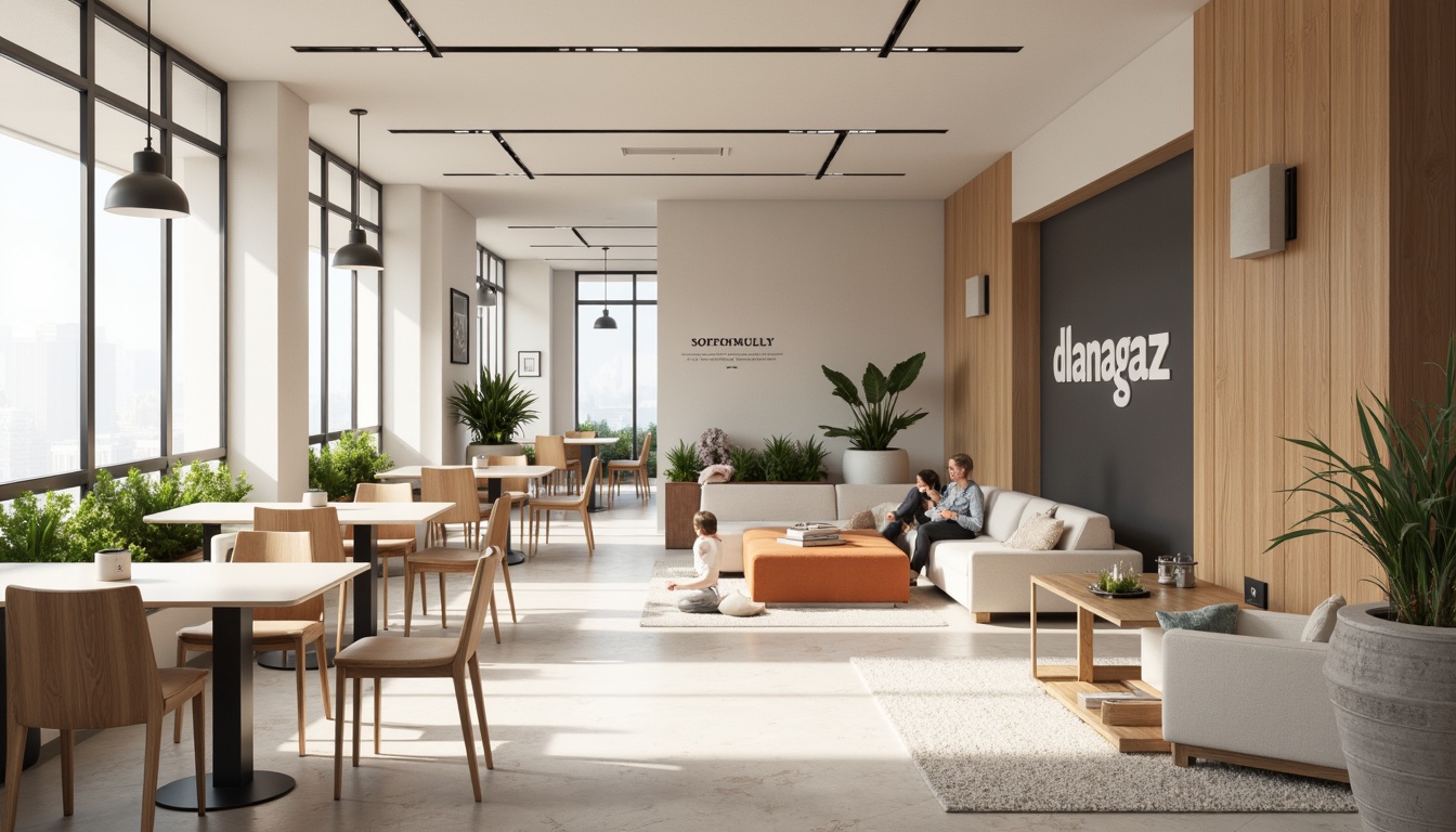 Prompt: Modern office interior, sleek furniture, collaborative workspaces, minimalist decor, calming color scheme, soft pastel hues, creamy whites, rich wood accents, natural textiles, subtle branding elements, elegant typography, sophisticated lighting fixtures, 1/1 composition, shallow depth of field, realistic textures, ambient occlusion.