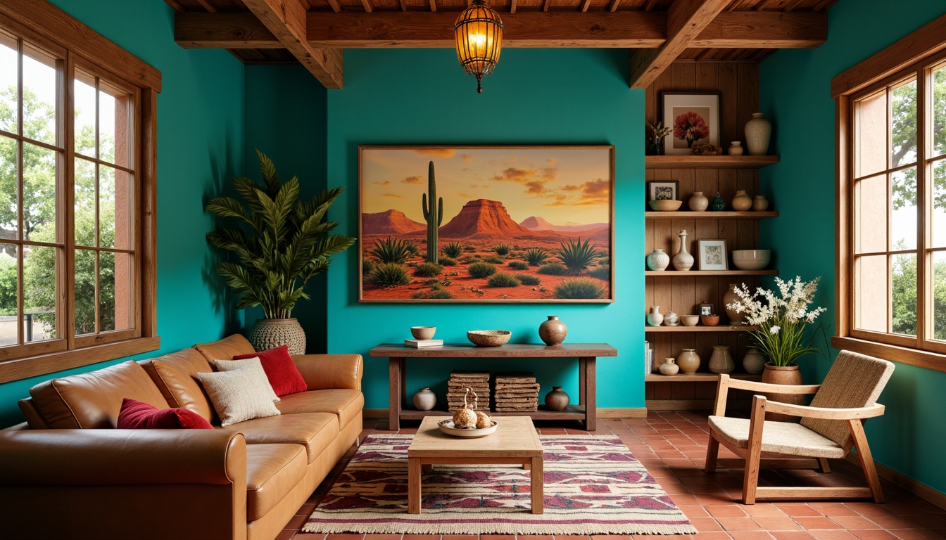 Prompt: Vibrant turquoise walls, earthy terracotta floors, rustic wooden accents, woven textiles, colorful pottery displays, natural fiber rugs, pendant lanterns, warm golden lighting, cozy reading nook, eclectic art pieces, distressed leather furniture, bold geometric patterns, desert botanical prints, earthy scents, 3/4 composition, shallow depth of field, soft warm glow.