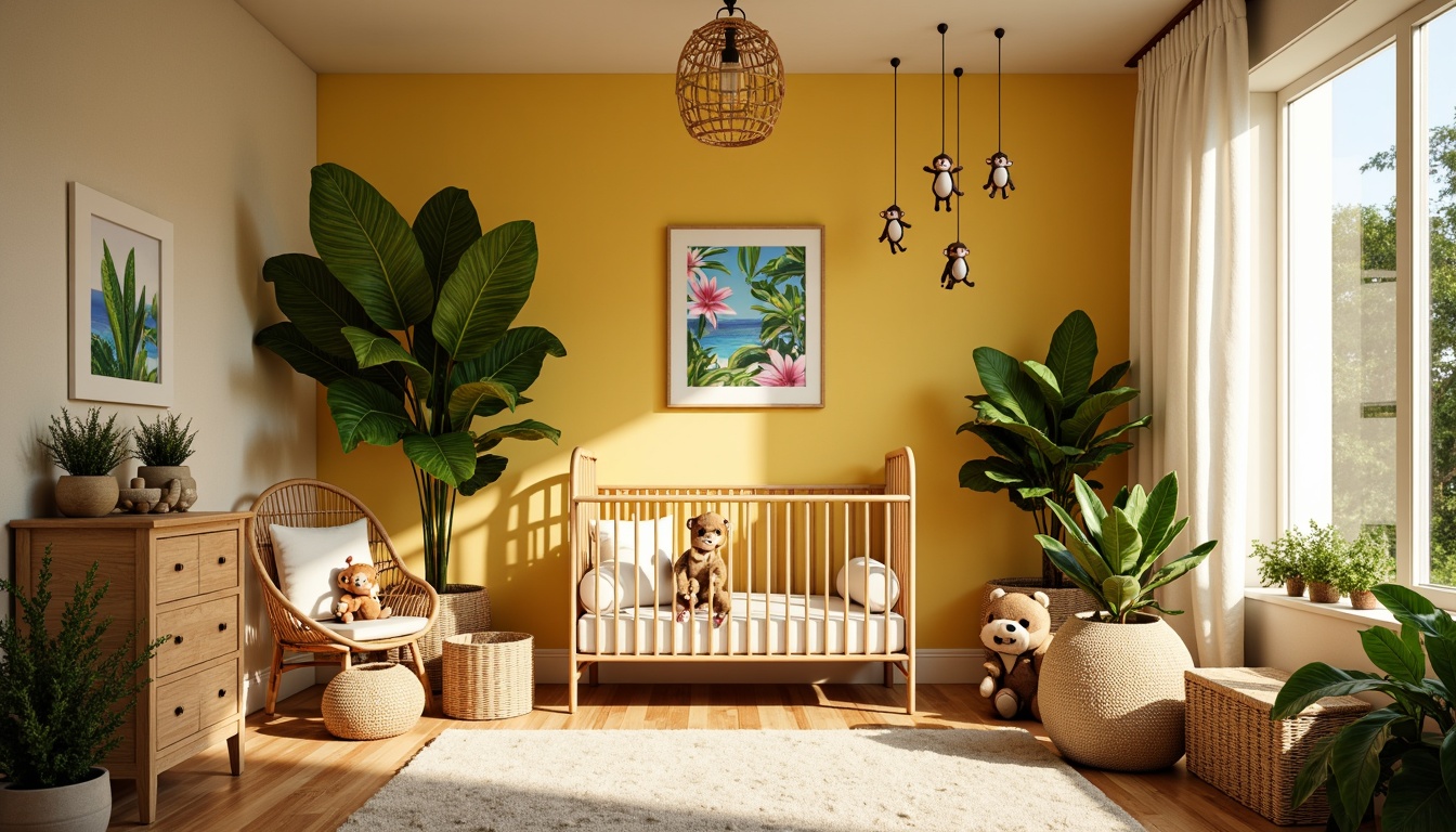 Prompt: Vibrant tropical nursery, soft warm lighting, natural wood crib, wicker furniture, lush greenery, colorful floral patterns, playful monkey mobiles, sunny yellow walls, creamy white curtains, rattan rocking chair, woven basket storage, coconut shell decor, palm tree silhouettes, ocean-inspired artwork, gentle ocean breeze, warm beige carpet, 1/1 composition, softbox lighting, subtle shadows, realistic textures.