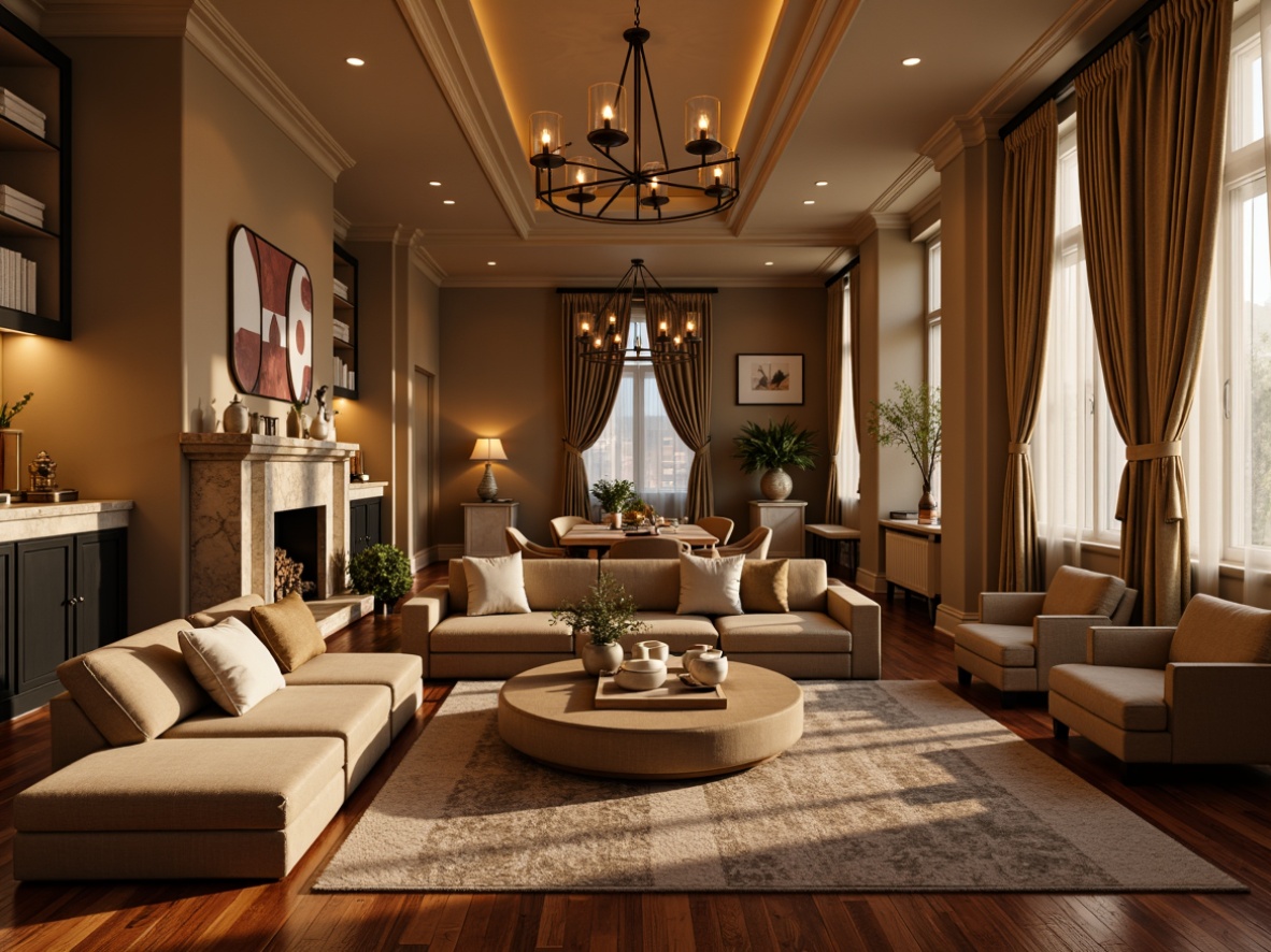 Prompt: Warm beige walls, rich walnut wood floors, comfortable velvet upholstery, soft golden lighting, elegant marble countertops, refined metal accents, plush area rugs, luxurious fabric drapes, sophisticated glassware, earthy ceramic vases, natural stone fireplaces, intimate candlelit ambiance, harmonious 3/4 composition, realistic textures, ambient occlusion.