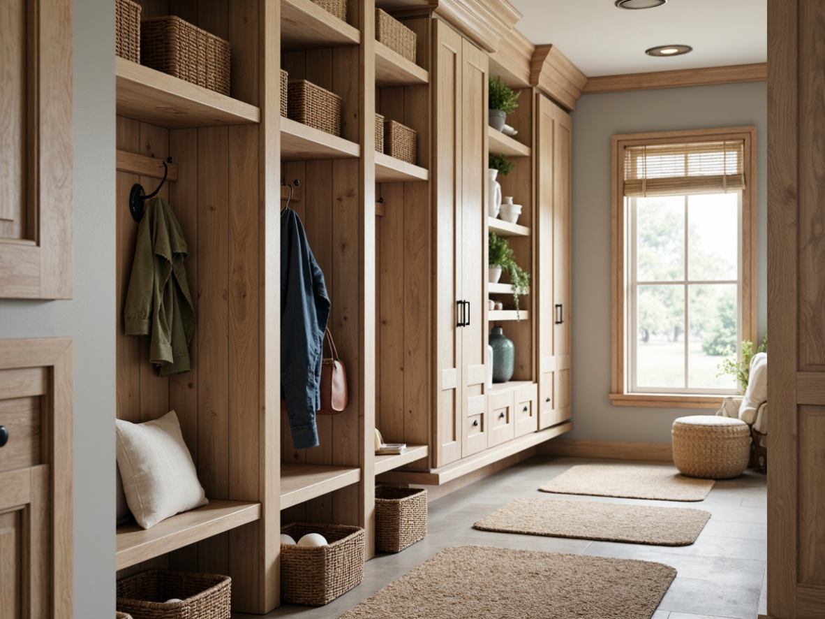 Prompt: Mudroom area, rustic wooden bench, woven baskets, natural fiber rugs, earthy color palette, functional shelving units, storage cubbies, hooks for jackets, built-in cabinetry, decorative metal accents, modern farmhouse style, warm overhead lighting, shallow depth of field, 1/1 composition, realistic textures, ambient occlusion.