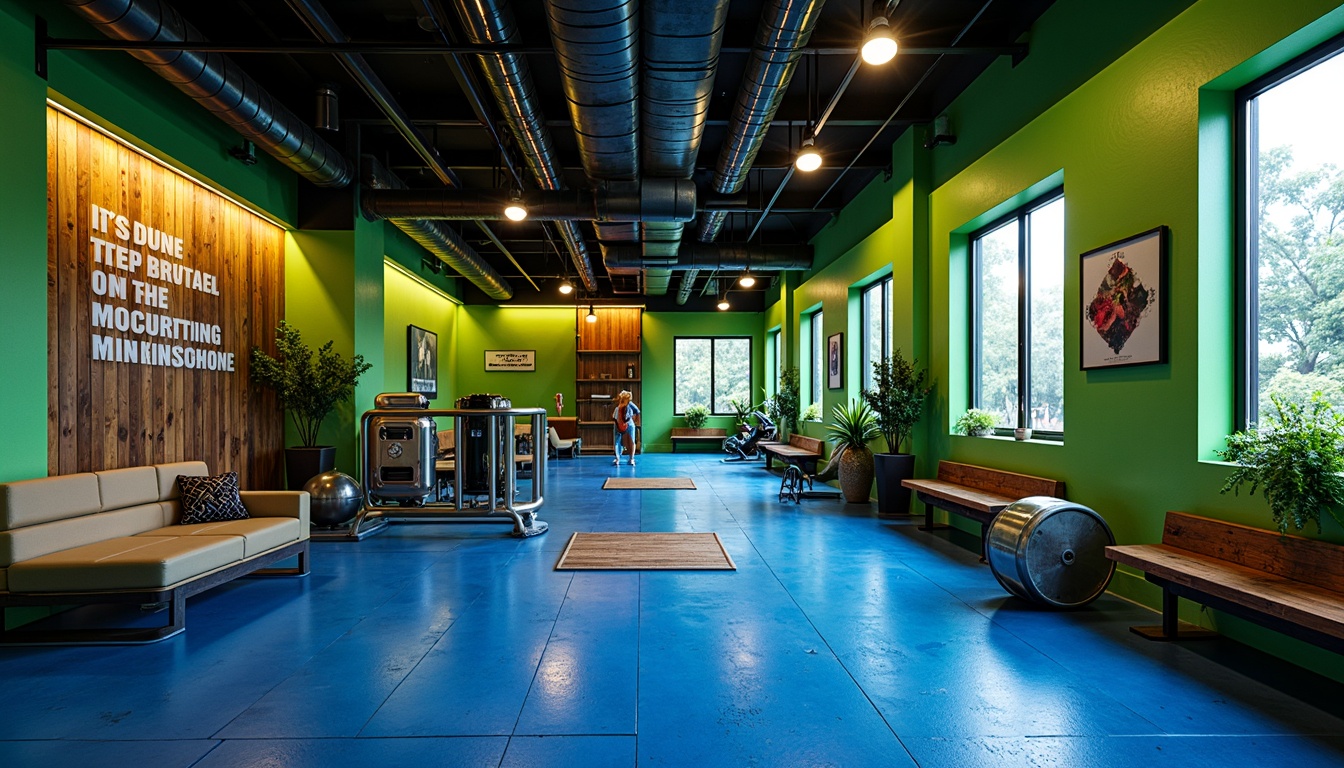 Prompt: Vibrant home gym, industrial chic decor, metallic equipment accents, bold color blocking, neon green walls, deep blue floors, sleek silver machinery, motivational quotes, rustic wood textures, urban loft atmosphere, overhead lighting, dramatic shadows, 1/1 composition, high contrast ratio, realistic reflections.