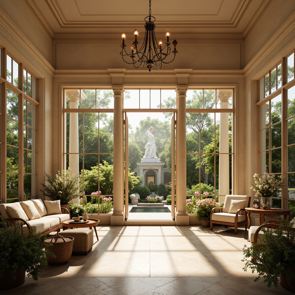 Prompt: Elegant sunroom, classical columns, ornate moldings, grand chandeliers, lavish furnishings, plush cushions, warm beige tones, soft golden lighting, abundant natural light, floor-to-ceiling windows, sliding glass doors, serene outdoor views, lush greenery, blooming flowers, subtle shadows, 1/2 composition, warm color palette, realistic textures, ambient occlusion.