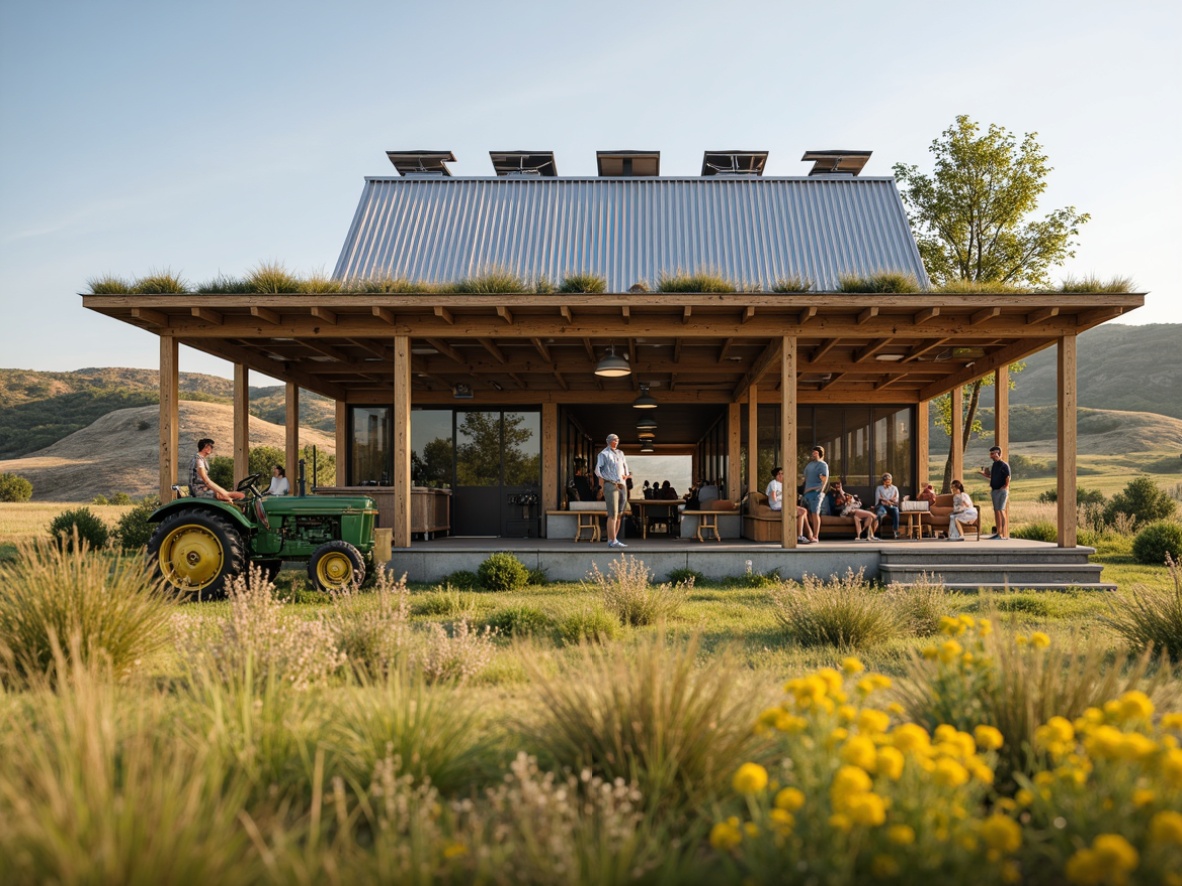 Prompt: Rustic farmhouse-style bus station, corrugated metal roofing, natural wood accents, earthy tone color palette, vintage agricultural equipment, rural landscape, rolling hills, wildflower fields, warm sunny day, soft natural lighting, shallow depth of field, 3/4 composition, panoramic view, realistic textures, ambient occlusion, modern innovative roof design, solar panels integration, green roofing systems, rainwater harvesting, eco-friendly materials, wooden support beams, exposed ductwork, industrial-style lighting fixtures.