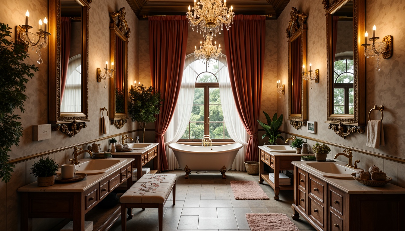 Prompt: Ornate mirrors, antique gold frames, soft warm lighting, luxurious fabrics, velvet drapes, crystal chandeliers, marble countertops, ornamental sinks, freestanding tubs, vintage faucets, rich wood tones, carved wooden furniture, plush area rugs, delicate floral patterns, subtle sheen textures, shallow depth of field, 1/1 composition, intimate warm atmosphere, realistic reflections.