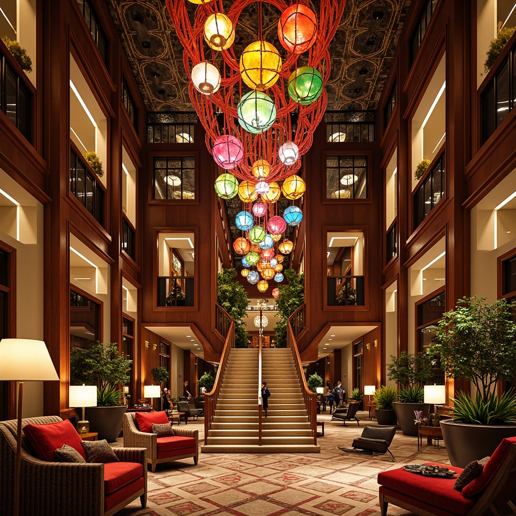 Prompt: Vibrant hotel lobby, eclectic chandeliers, ornate metalwork, sculptural sconces, colorful glass pendant lights, dramatic ceiling fixtures, luxurious fabrics, rich wood tones, bold geometric patterns, grand staircases, opulent furnishings, lavish decorations, warm golden lighting, soft shadows, atmospheric ambiance, 1/1 composition, symmetrical framing, high-contrast ratio, intricate details, realistic textures.