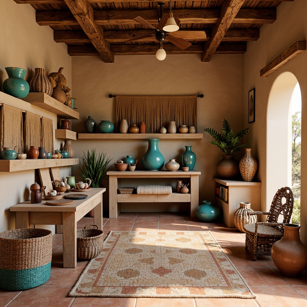 Prompt: Southwestern-style craft room, warm earthy tones, natural wood accents, rough-hewn wooden tables, woven baskets, vibrant turquoise hues, terracotta pottery, sandy beige walls, distressed wooden shelves, hand-painted ceramic tiles, rustic metal lanterns, woven textiles, fringe details, geometric patterns, soft warm lighting, 1/1 composition, shallow depth of field, realistic textures, ambient occlusion.