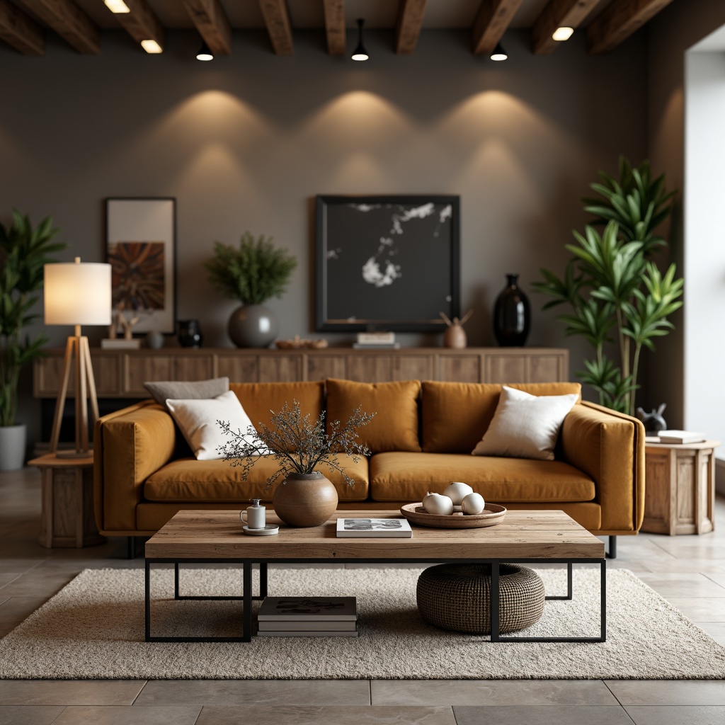 Prompt: Modern living room, sleek low-profile sofa, velvety soft cushions, reclaimed wood coffee table, minimalist metal legs, industrial-chic decor, pendant light fixtures, natural stone flooring, earthy tone color palette, cozy ambiance, 3/4 composition, shallow depth of field, warm soft lighting, realistic textures.