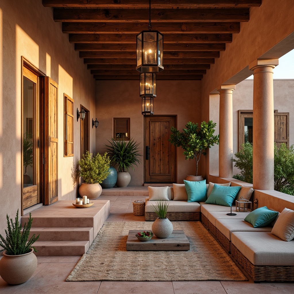 Prompt: Warm desert tones, rustic metal lanterns, wooden beams, adobe architecture, earthy color palette, turquoise accents, woven textiles, natural fiber rugs, clay pottery vases, pendant lamps, wrought iron chandeliers, candles in mercury glass holders, distressed wood shutters, stucco exteriors, terra cotta planters, soft warm lighting, rustic ambiance, cozy nooks, 3/4 composition, shallow depth of field.